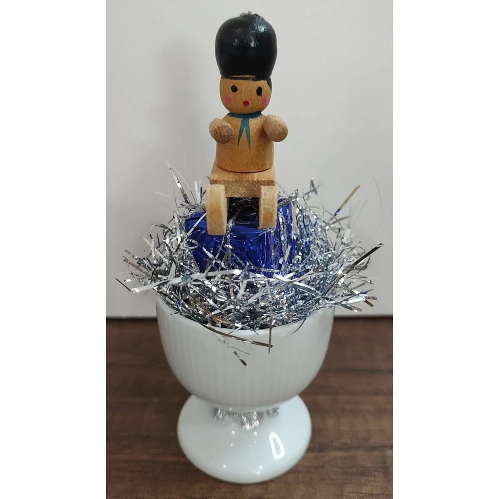Handmade Christmas Scene Assemblage Art Sledding Present Tinsel Egg Cup OOAK O1